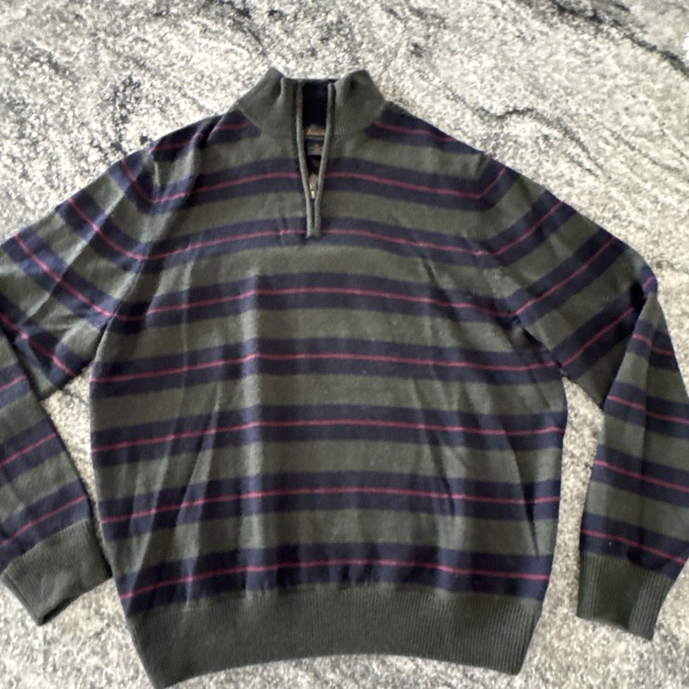 Brooks Brothers 1/4 Zip Italian Merino Wool Sweater Green Striped Mens Medium